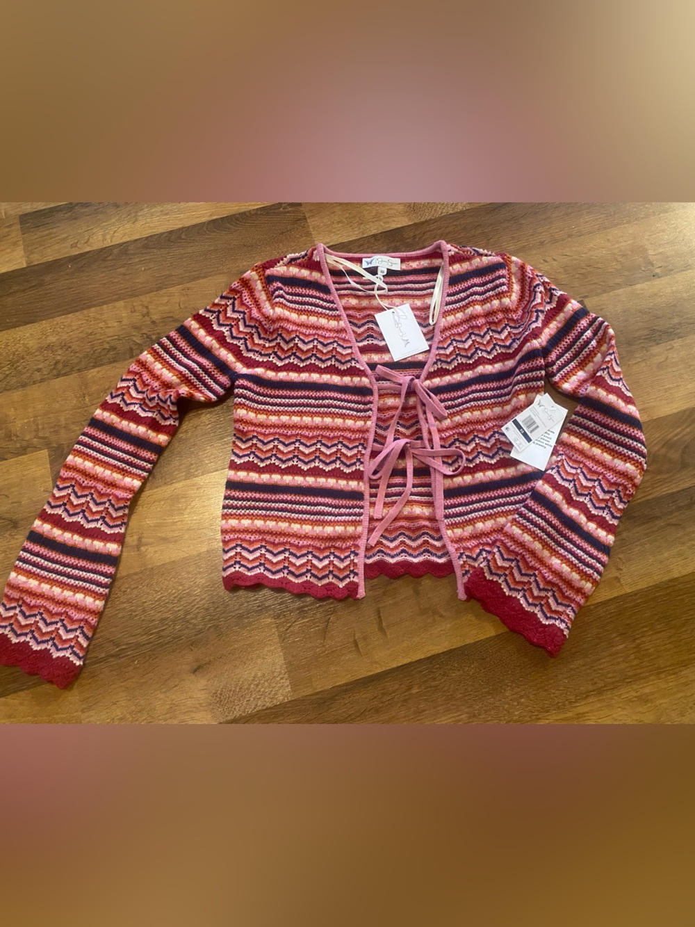 Jessica Simpson Pink Striped Tie-Front Cardigan Dainty Coquette Girlhoodcore